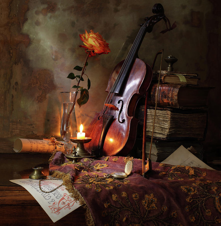 Music Photograph - Still Life With Violin And Rose by Andrey Morozov