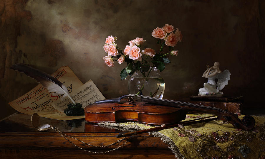 Music Photograph - Still Life With Violin And Roses by Andrey Morozov