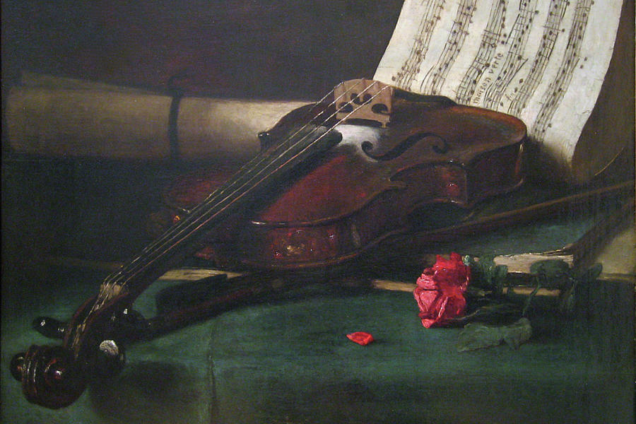 Still Life with Violin, Sheet Music & A Rose Painting by Francois Bonvin