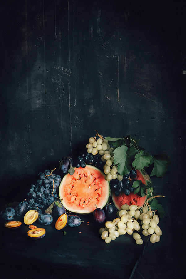 Still Life With Watermelon, Grapes And Plums Photograph by Justina Ramanauskiene