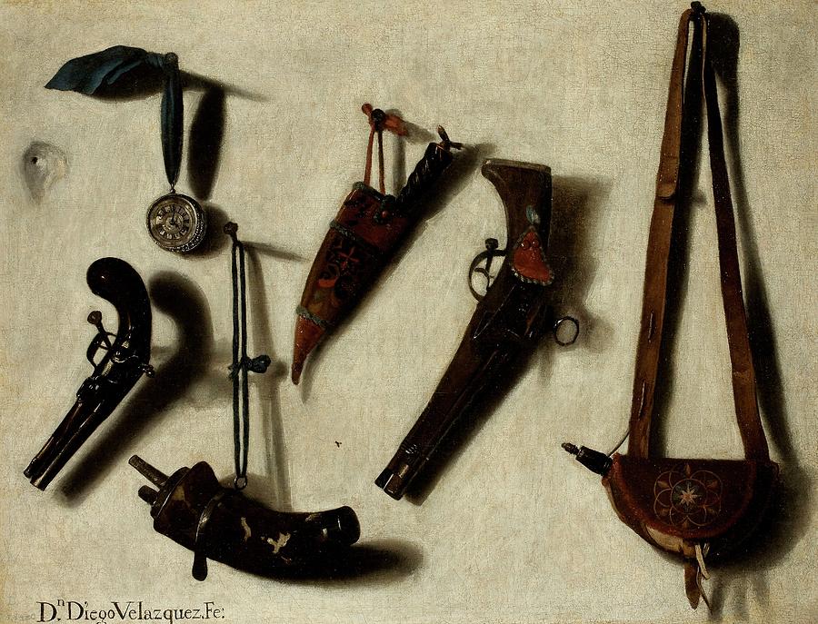 Still Life with Weapons, Late 17th century - Early 18th century, Spanish Sch... Painting by Vicente Victoria -1650-1709-