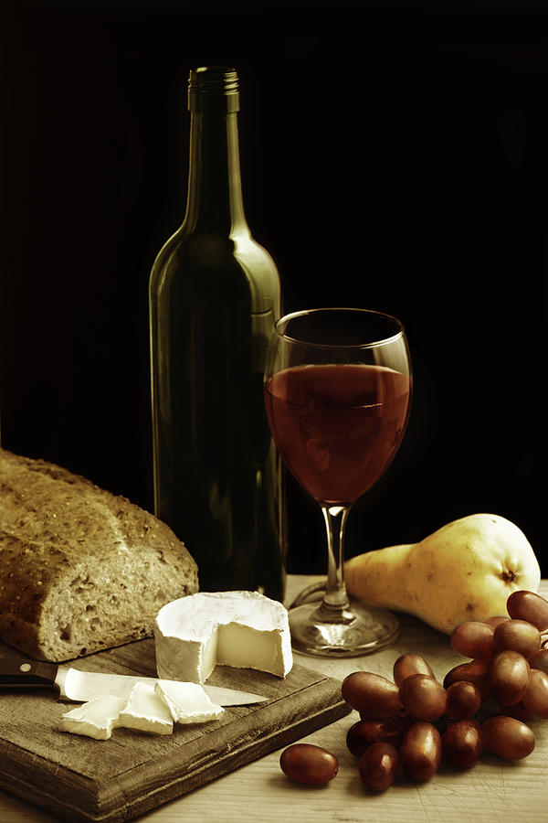 Still Life With Wine Cheese And Fruit Photograph by Oliverchilds
