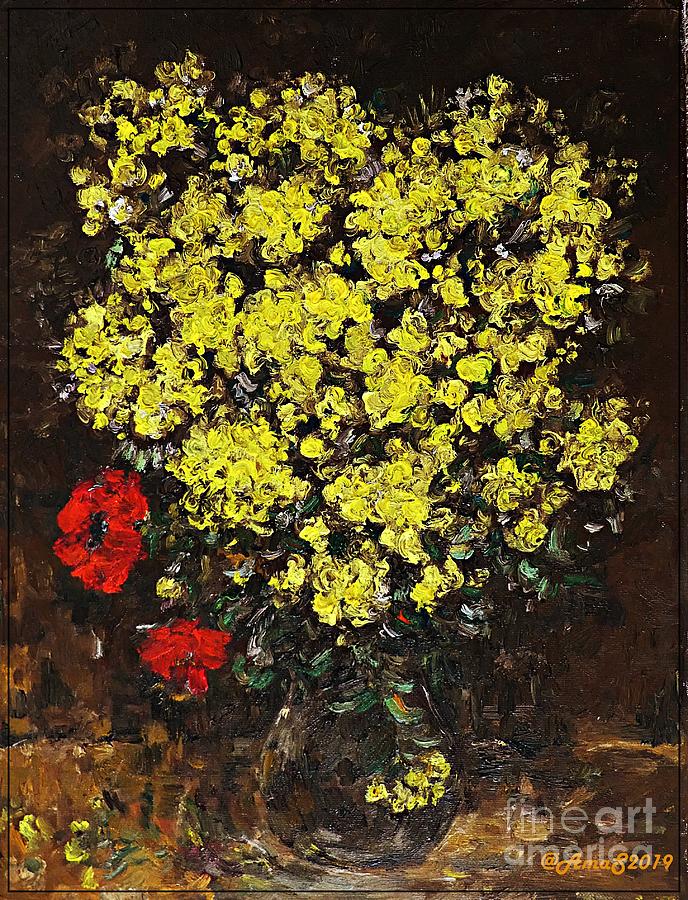 Still life with yellow flowers and poppy Painting by Amalia Suruceanu