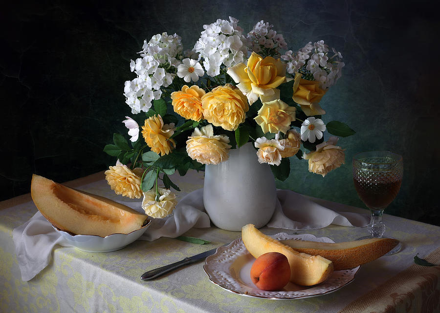 Still Life With Yellow Roses And Melon Photograph by Tatyana Skorokhod