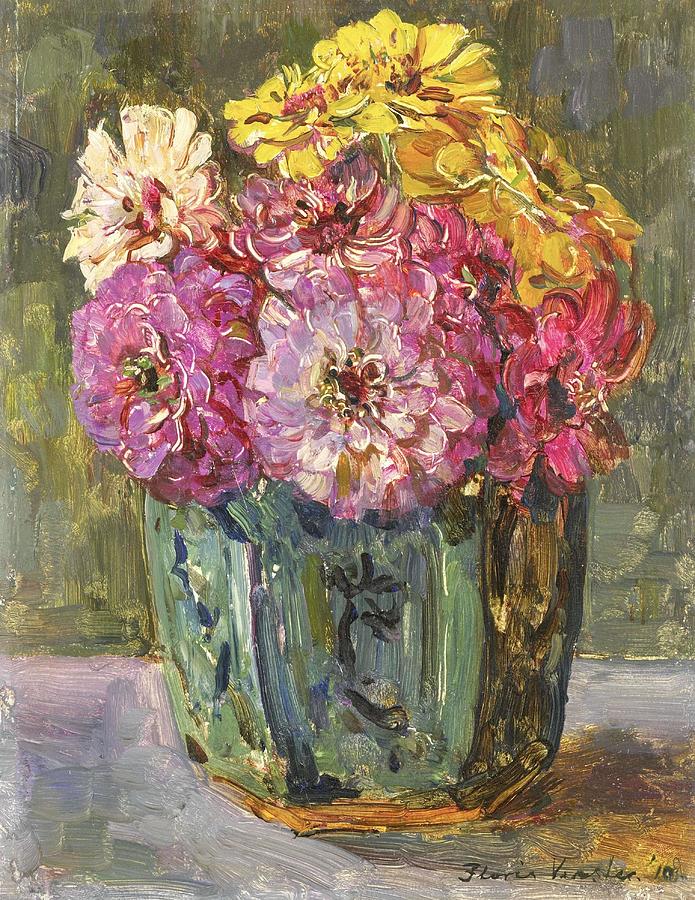 Still Life with Zinnias in a green Jar. Painting by Floris Verster -1861-1927- Still Life with Zinnias in a green Jar. Painting by Floris Verster -1861-1927-