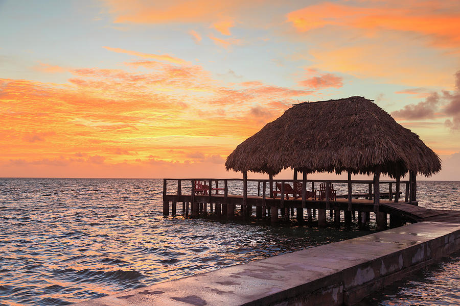 Summer Digital Art - Stilted Waterfront Pier And Thatched Roof At Sunset, St. Georges Caye, Belize, Central America by Stuart Westmorland