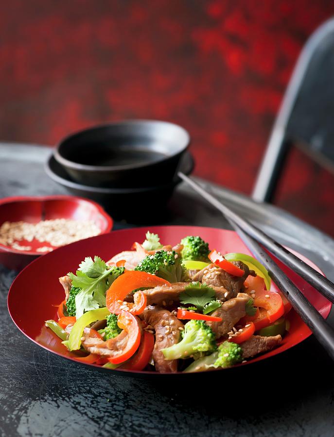 Stir-fried Beef With Vegetables And Sesame Seeds Photograph by Manuela Rther