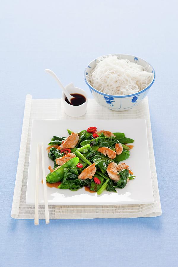 Stir Fried Spinach, Sugar Snap Peas, And Chicken asia Photograph by Peter Kooijman
