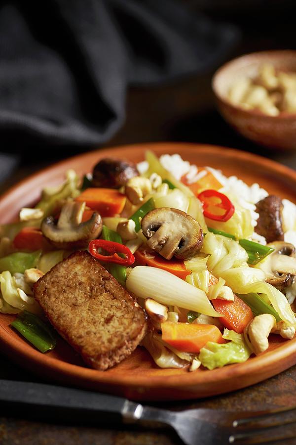 Stir Fried Vegetables With Mushrooms, Chili, Cashews And Marinated Fried Tofu asia Photograph by Ulrike Emmert