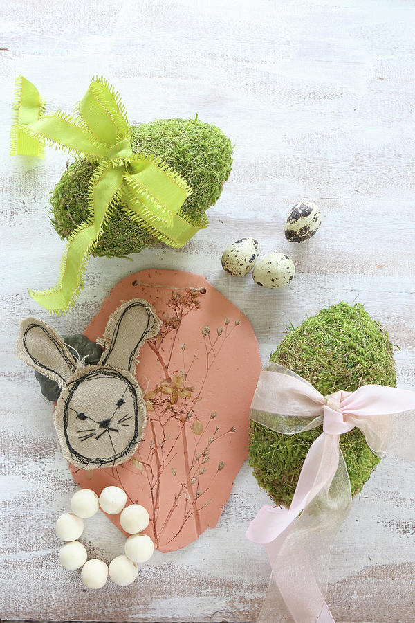 Stitched Easter Bunny, Modelling Clay With Botanical Imprints And Moss Eggs Photograph by Regina Hippel