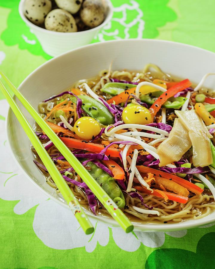 Stock With Ramen Noodles, Colourful Vegetables And Quail's Eggs asia