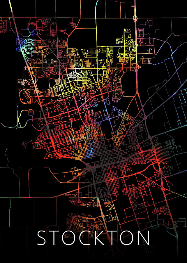 Stockton California Watercolor City Street Map Dark Mode Mixed Media by ...