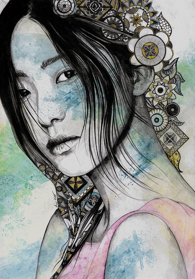 Portrait Drawing - Stoic - asian girl street art portrait with mandala doodles by Marco Paludet