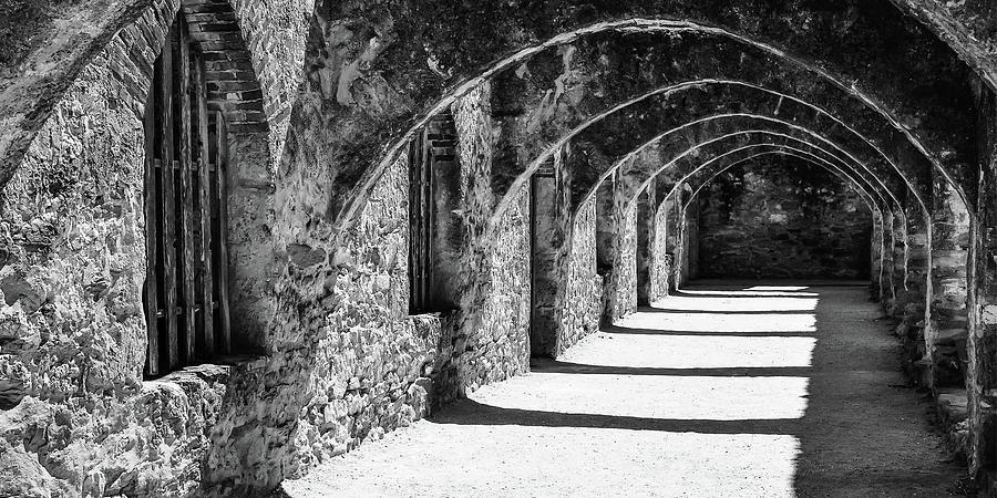 San Antonio Photograph - Stone Archways of the San Jose Mission - San Antonio Texas Monochrome Panorama by Gregory Ballos