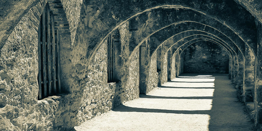 Stone Archways Of The San Jose Mission - San Antonio Texas Sepia Panorama Photograph