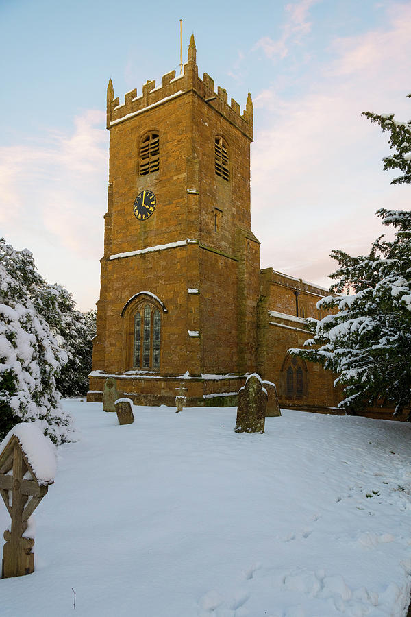 Stone Church in the Snow at Sunset Photograph by Mark Hunter