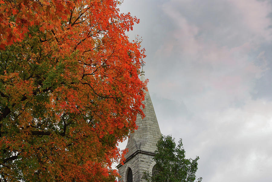 Stone Church Steeple And Sugar Maple In Fall Photograph