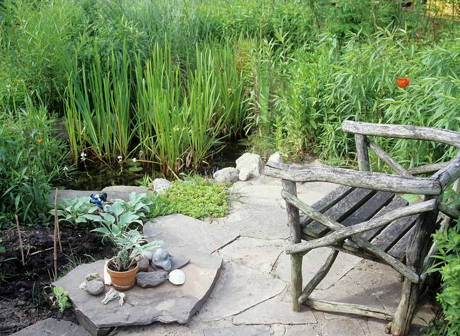 Stone-flagged Seating Area In Garden Next To Small Pond And Bog Garden Photograph by Twins