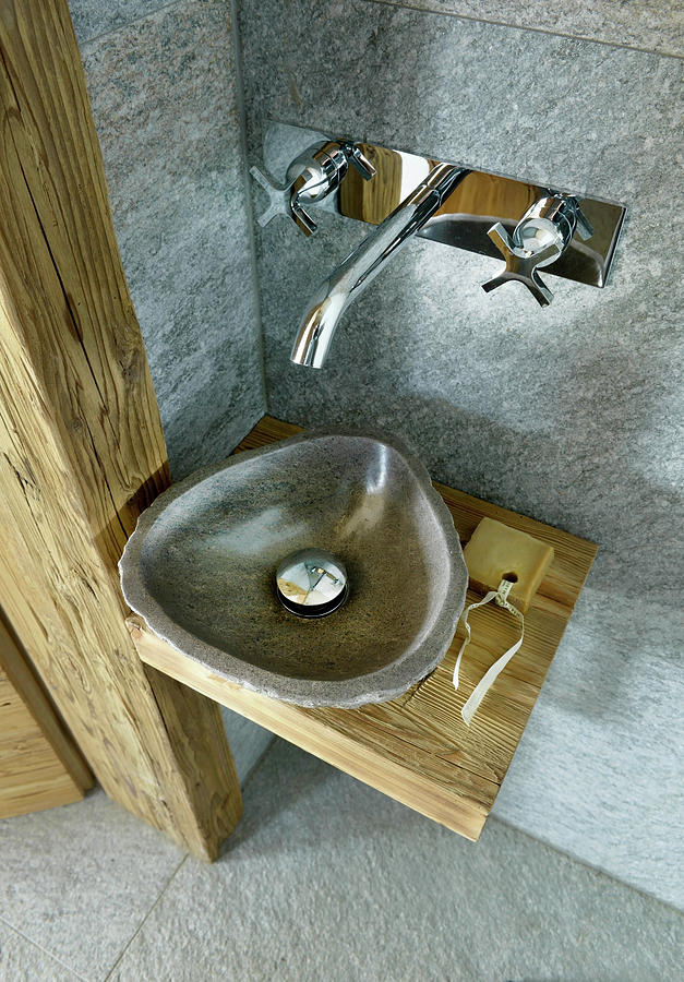 Stone Sink On Rustic Wooden Board Photograph by Henri Del Olmo