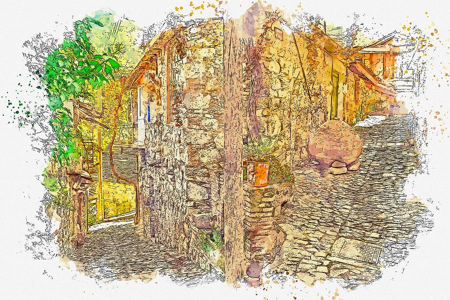 Stone Village street watercolor by Ahmet Asar Painting by Celestial Images