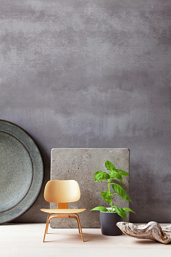 Stoneware Plate And Table Mat With Miniature Wooden Chair And Basil Plant Photograph by Japy
