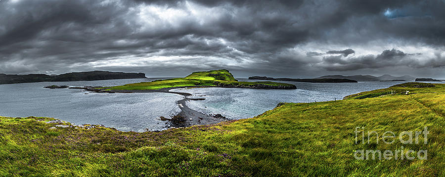 Stony Sandbank To Sunlit Green Island At Low Tide On The Isle Of Skye In Scotland Photograph by Andreas Berthold