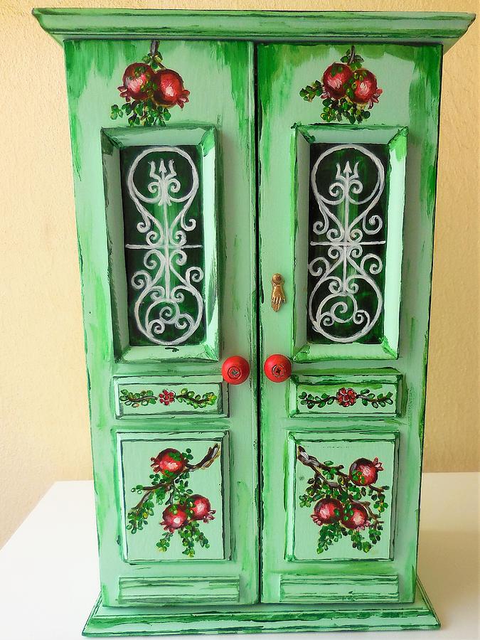 Storage Cabinet Handpainted Handmade Green Front Door Painting By