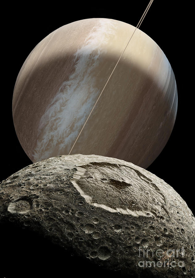 Saturn Painting - Storm over Mimas by James Hervat