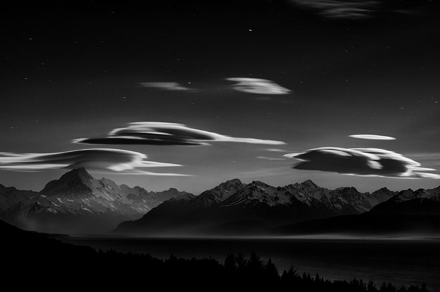 Black And White Photograph - Stormy Night At Mount Cook by James Symington Arps