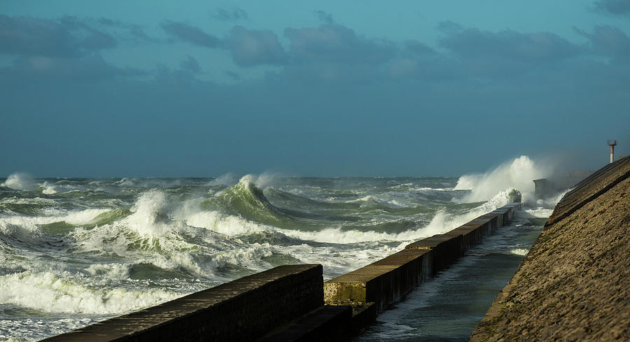 Nature Digital Art - Stormy Ocean Waves Splashing Harbour Wall, Boulogne-sur-mer, Pas De Calais, France by Mischa Keijser