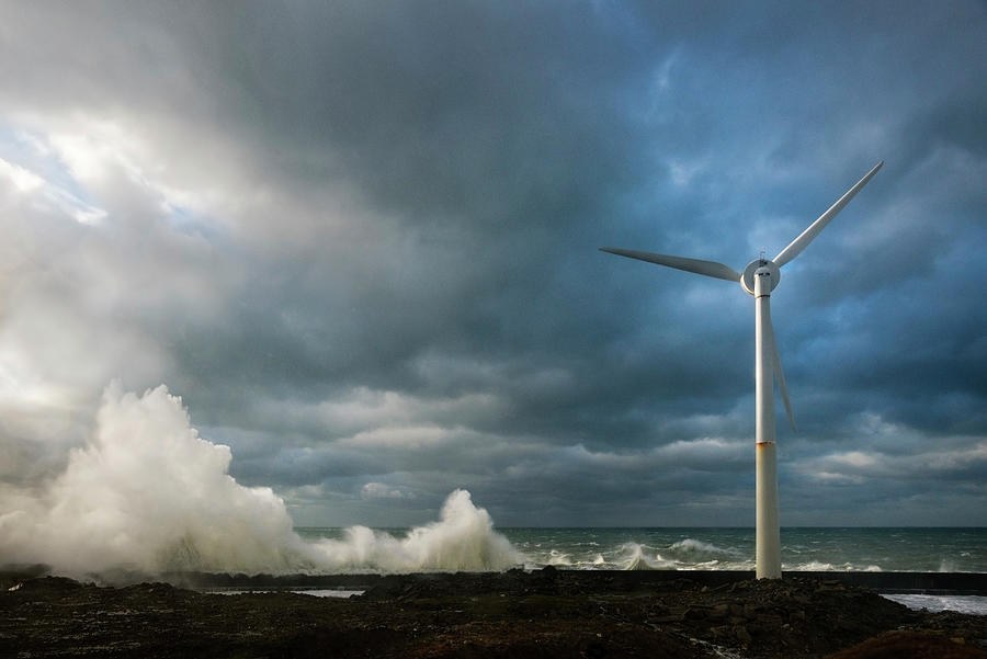 Nature Digital Art - Stormy Sky And Ocean Waves Splashing Harbour Wall And Wind Turbine, Boulogne-sur-mer, Pas De Calais, France by Mischa Keijser