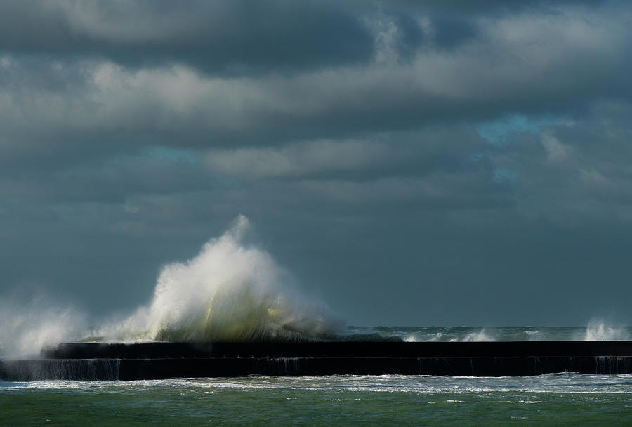 Nature Digital Art - Stormy Sky And Ocean Waves Splashing Harbour Wall, Boulogne-sur-mer, Pas De Calais, France by Mischa Keijser