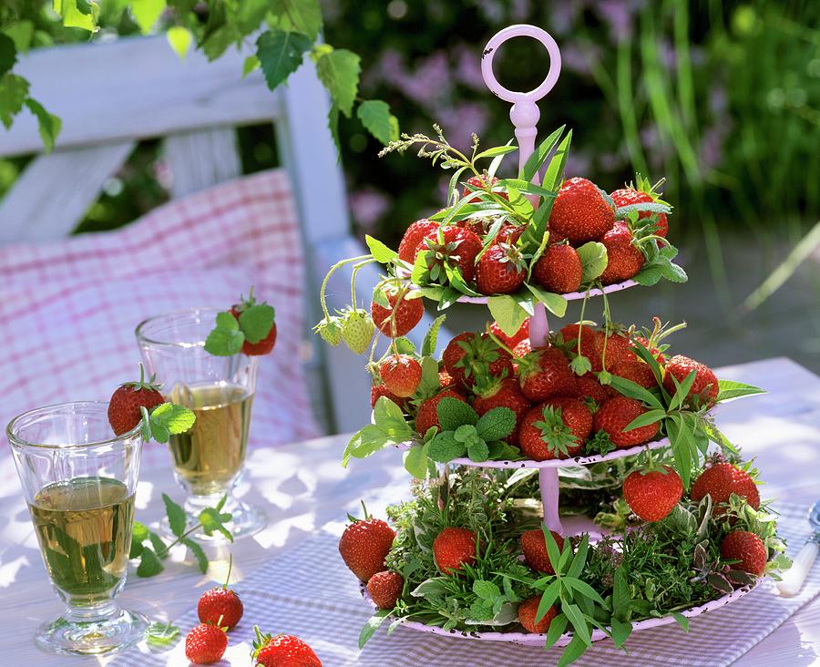 Strawberries And Herbs On Tiered Stand Photograph by Strauss, Friedrich