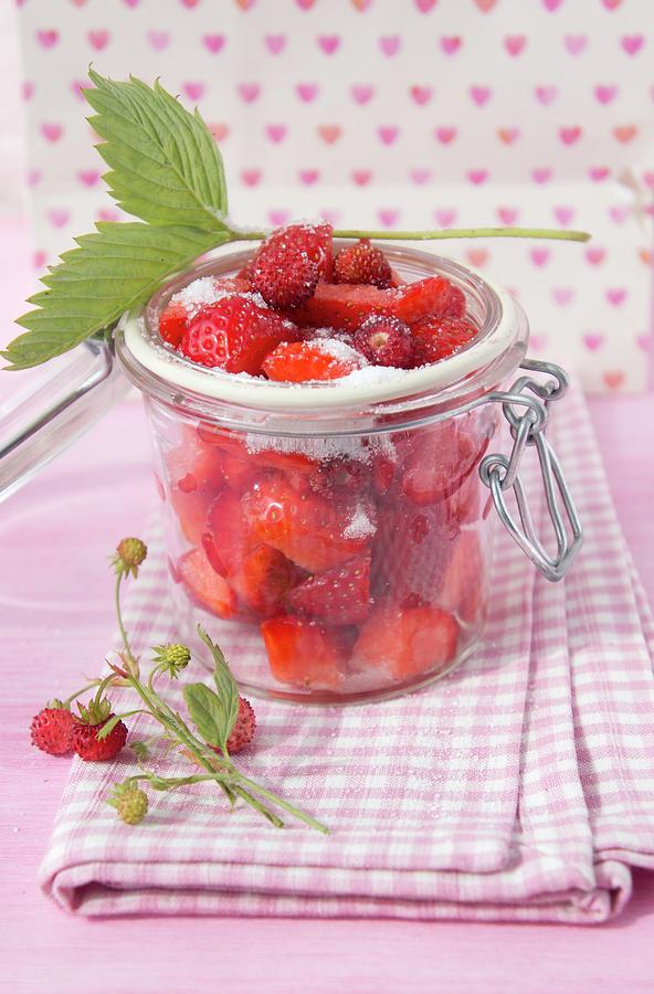 Strawberries And Wild Strawberries In Preserving Jar With Sugar Photograph by Martina Schindler