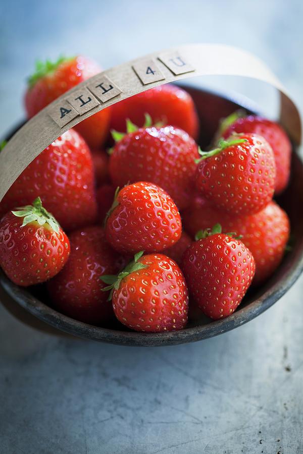 Strawberries In A Bowl With The Words all 4 U On The Handle Photograph by Eising Studio