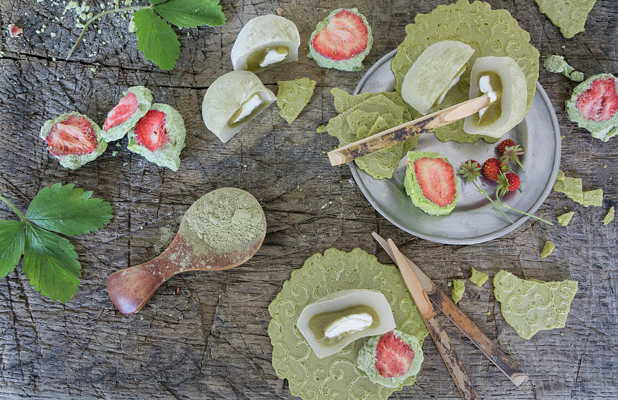 Strawberries In Matcha Chocolate, Mochi And Tea Biscuits Photograph by Martina Schindler