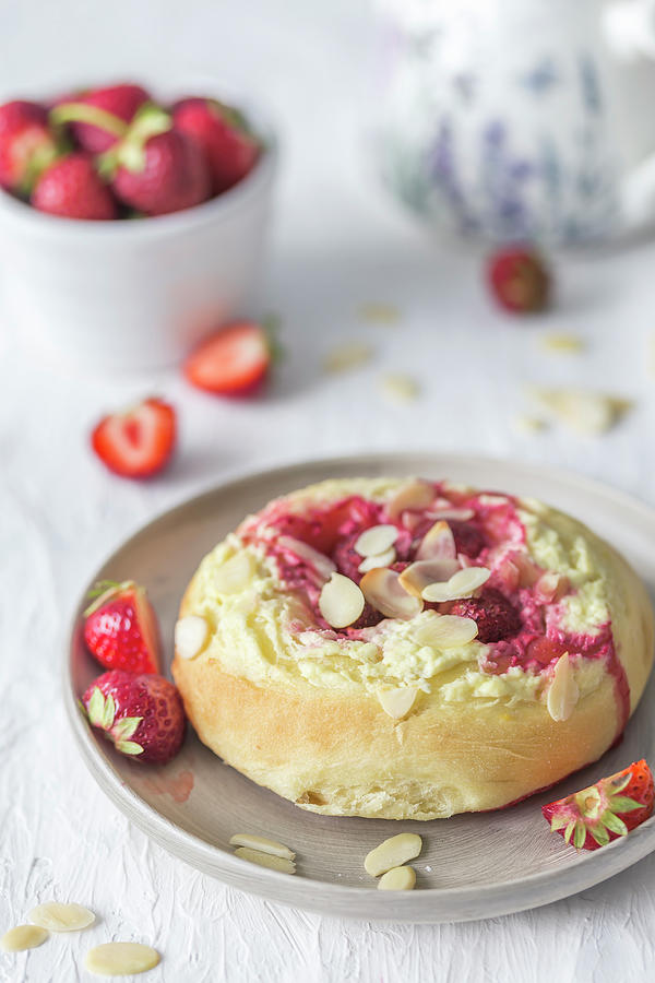 Strawberry And Cheese Bun With Almond Flakes Photograph by Malgorzata Laniak