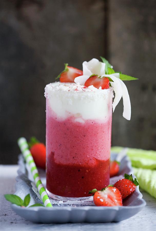 Strawberry And Coconut Smoothie With Greek Yogurt And Agave Syrup Photograph by Anita Brantley