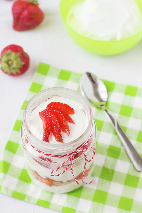 Strawberry And Cream Cheese Dessert In A Glass Jar Photograph by Alice Del Re