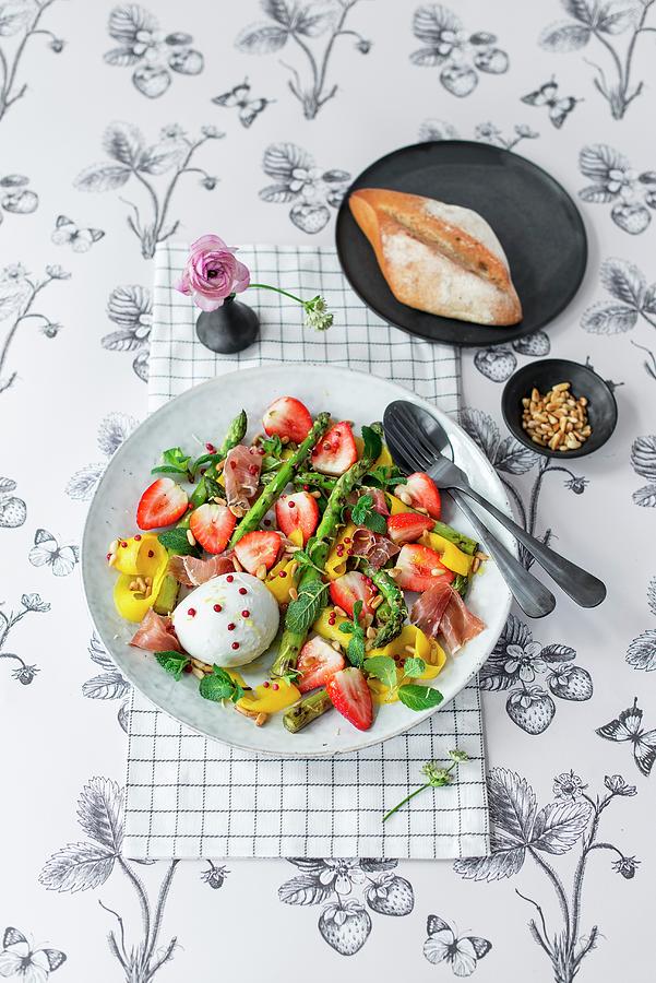 Strawberry And Mango Salad With Asparagus, Buffalo Mozzarella, Parma Ham, Pink Peppercorns And Mint Photograph by Carolin Strothe
