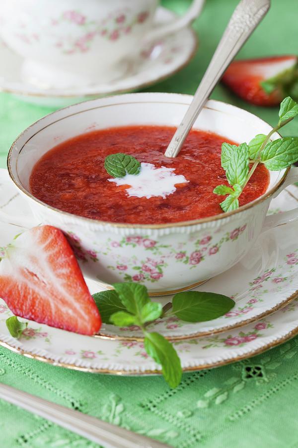 Strawberry And Tapioca Summer Soup With Mint In Porcelain Cups Photograph by Yelena Strokin