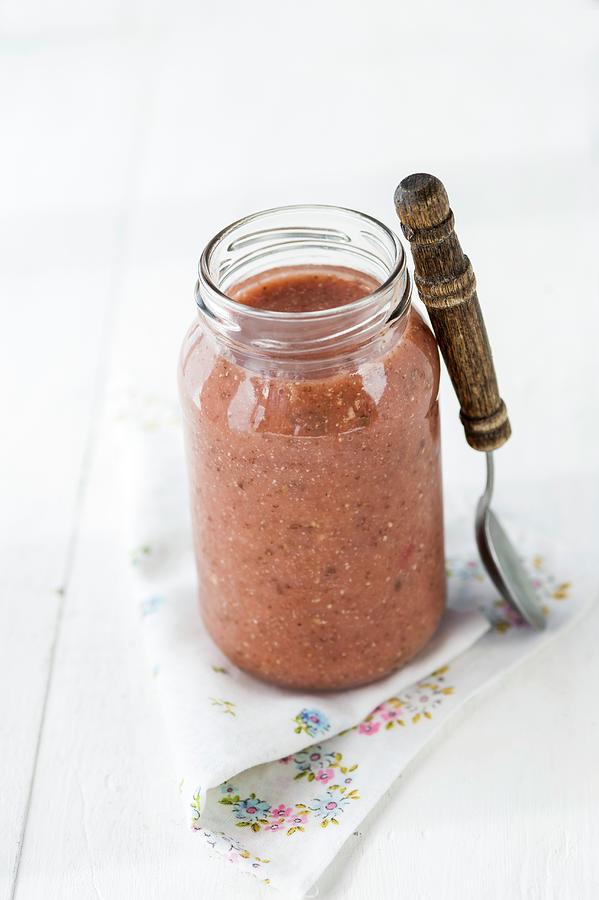 Strawberry & Banana Smoothie In A Screw-top Jar Photograph by Gabriela Lupu
