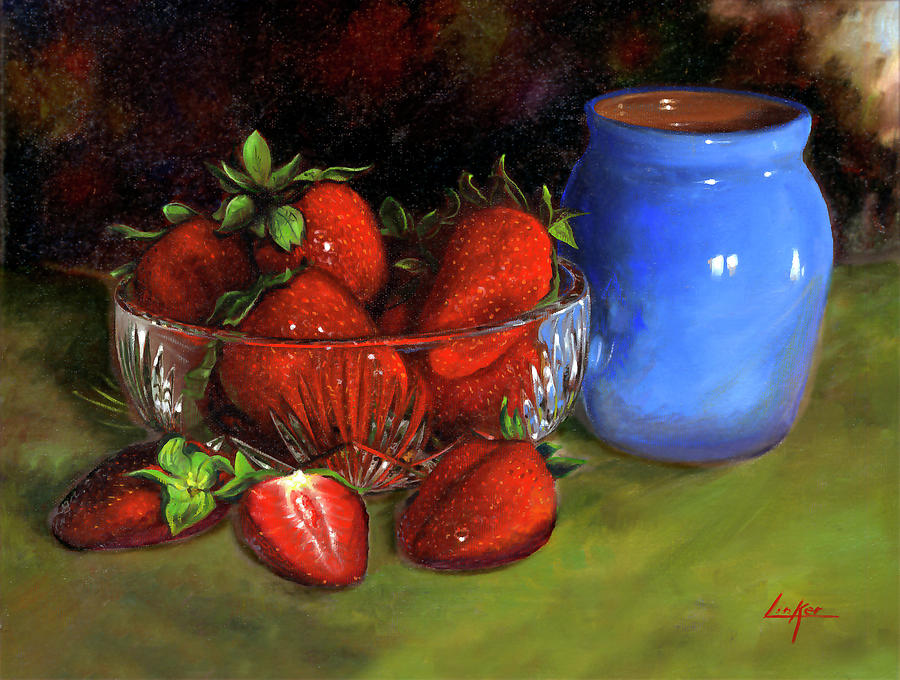 Still Life Painting - Strawberry Blue Vase by Thomas Linker