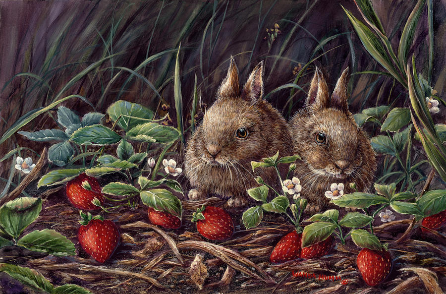 Strawberry Bunnies Painting by Wanda Mumm