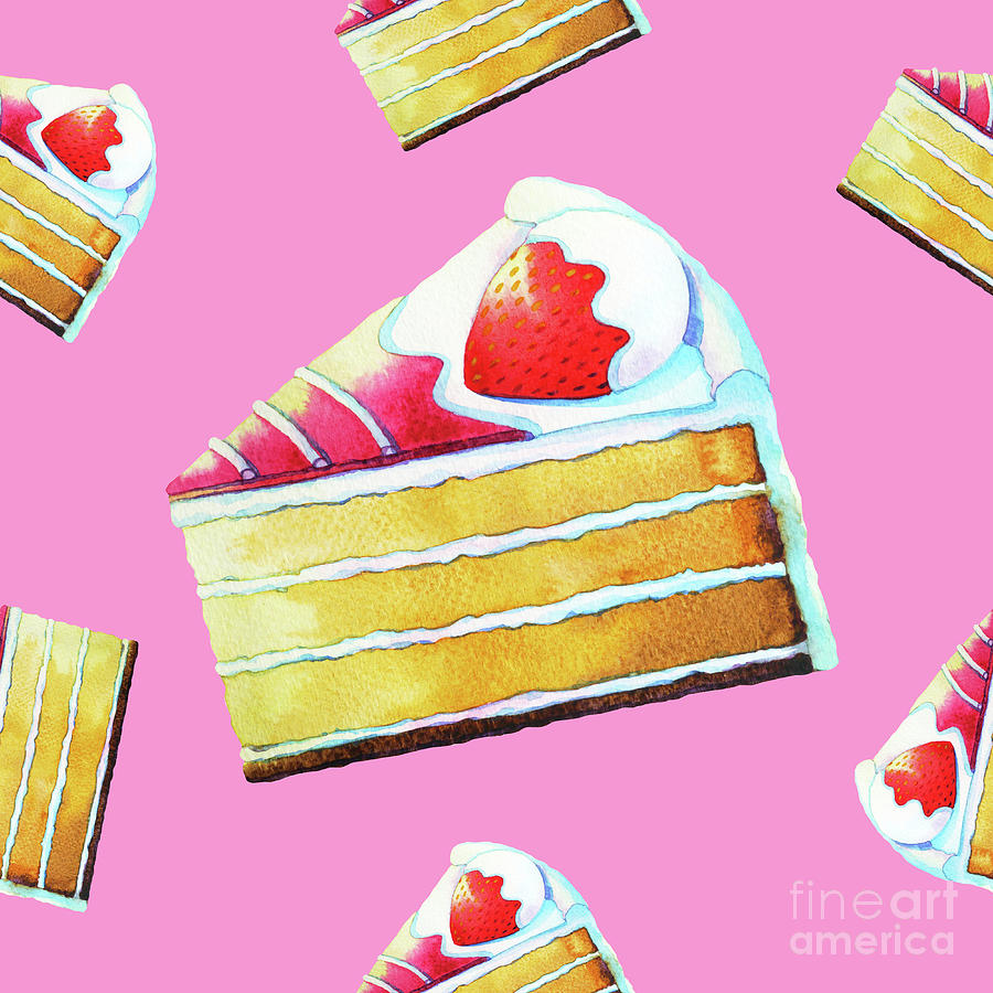Cake Mixed Media - Strawberry Cake Watercolor Painting Seamless Pattern Beautiful I by Benjavisa Ruangvaree