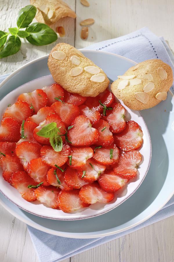 Strawberry Carpaccio With Almond Tuiles Photograph by Alessandra Pizzi