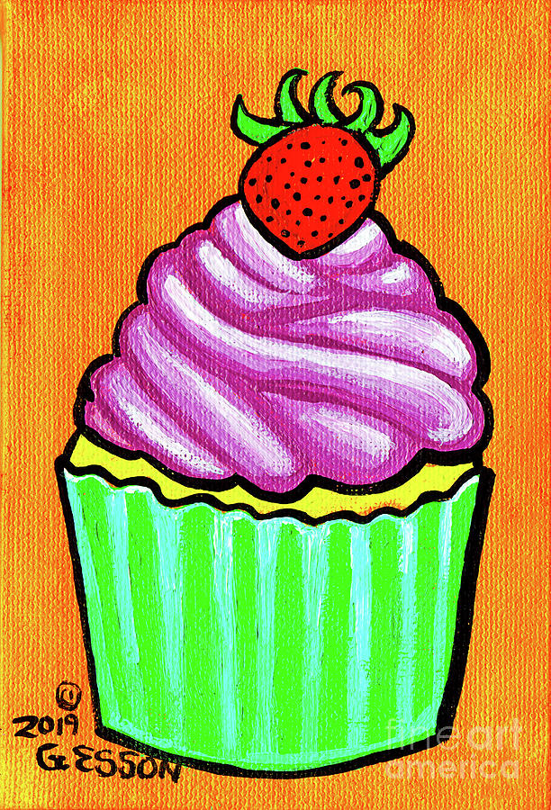Strawberry Cupcake With Orange Background Painting by Genevieve Esson