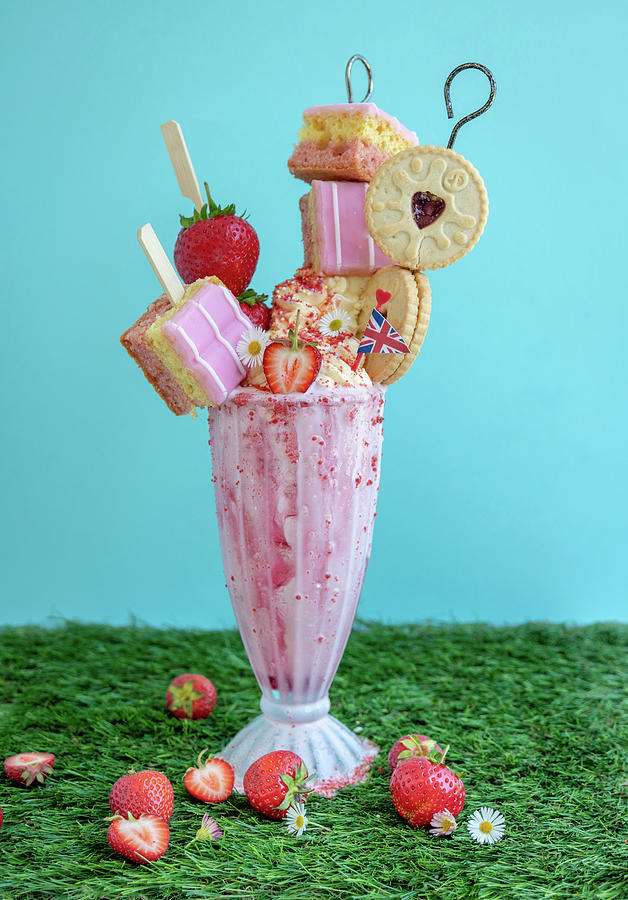 Strawberry Freakshake Topped With Cake, Cookies, Strawberries And Whipped Cream Photograph by Lucy Parissi