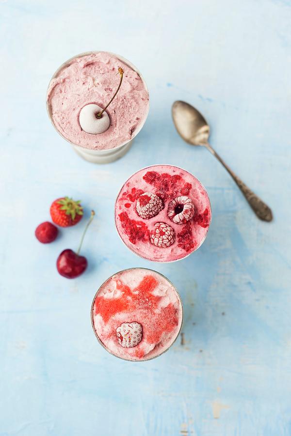 Strawberry Ice, Cherry Ice Cream And Raspberry Ice Cream In Metal Cups seen From Above Photograph by Mandy Reschke