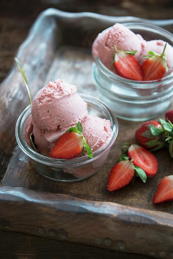 Strawberry Ice Cream And Fresh Strawberries Photograph by Veronika Studer